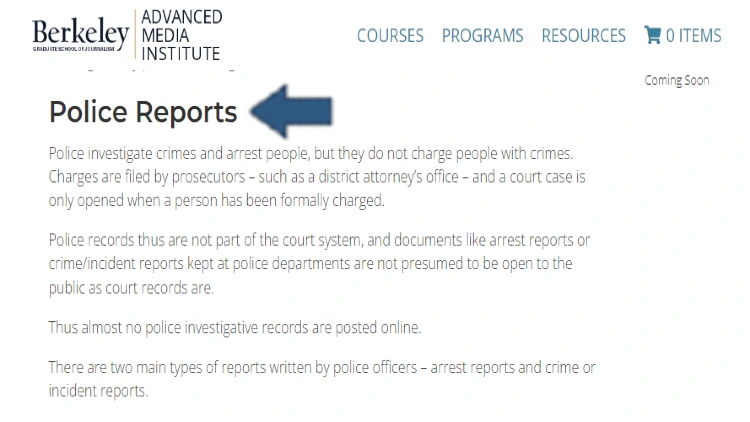 A screenshot shows that police reports don't charge people with crimes, and court cases are only opened once the district attorney's office or other prosecutor files charges. 