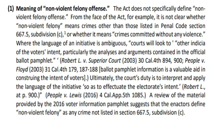 A screenshot defining what non violent felony offenses are in the state of California. 