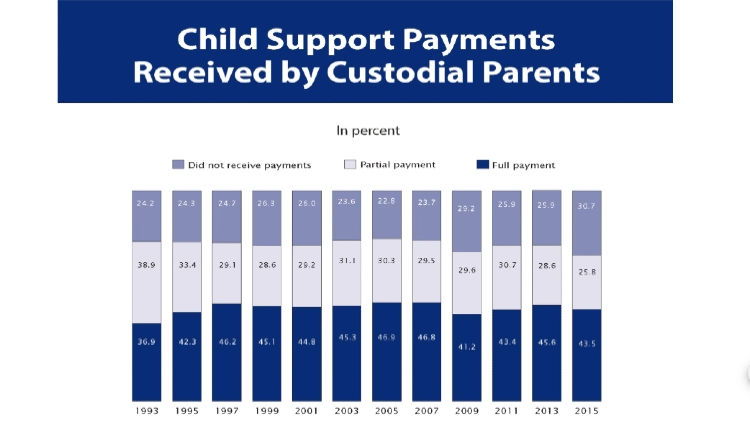 A bar graph showing the amount of parents who received child support (45%*), those who received partial payment (28%*), and those who did not receive payments at all (30%*). 