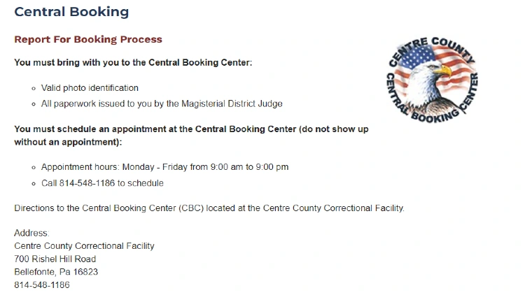 A screenshot with central booking information of Centre County such as hours of operation, their phone number (814-548-1186) and their physical address (700 Rishel Hill Rd).
