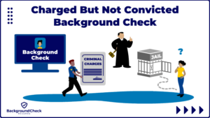 In the center is a judge who is waiving his finger as he looks at a grey, open jail cell with a woman in yellow who has a question mark above her head since she's thinking back to when charged but not convicted background check results showed dismissed and dropped charges, and there's a blue computer monitor and a police officer who is holding or issuing criminal charges.
