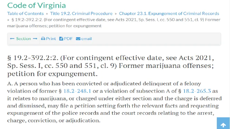 A screenshot on Code of Virginia which consist of criminal procedure and expungement of crimnal records.
