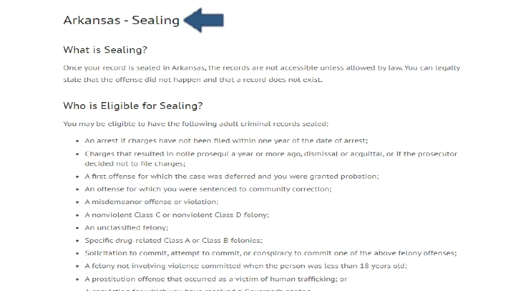 A screenshot revealing what sealing is in Arkansas and what type of offenses or stipulations allow someone to get their felony sealed. 