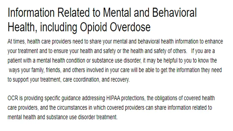 A screenshot showing that health care providers can share personal information if it aids in treatment of mental health conditions or substance use disorders 