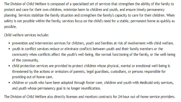 A screenshot showing the Division of Child Welfare provides services such as prevention and intervention for children, conflict services between parents and family members, child protective services, and help for adopted kids. 