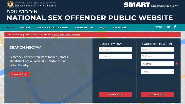 That National Sex Offender registry showing that sexual predators can be searched for by first name, last name, address, city, state, and radius. 