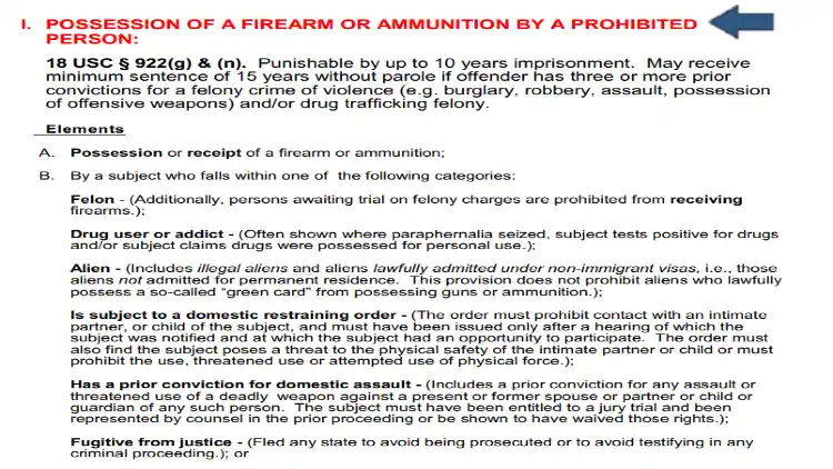 A screenshot showing that prohibited persons, such as felons, drug users, fugitives, and domestic violence offenders will be be incriminated if they possess or purchase a firearm. 
