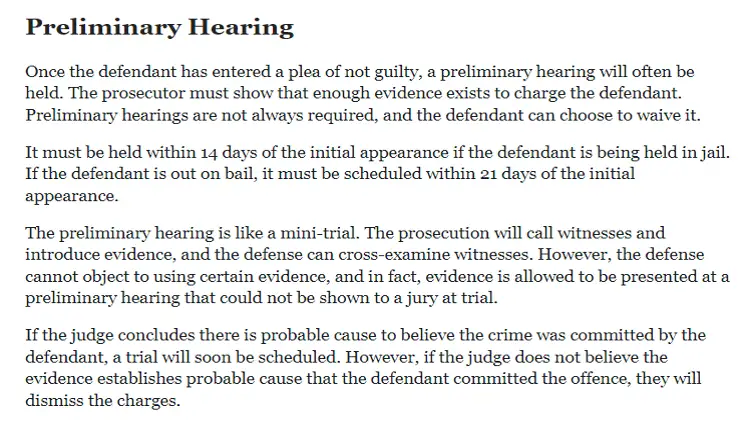 A screenshot detailing that a preliminary hearing is held after a not-guilty plea and must be done no more than 14 days of the first appearance if the person is in jail. 