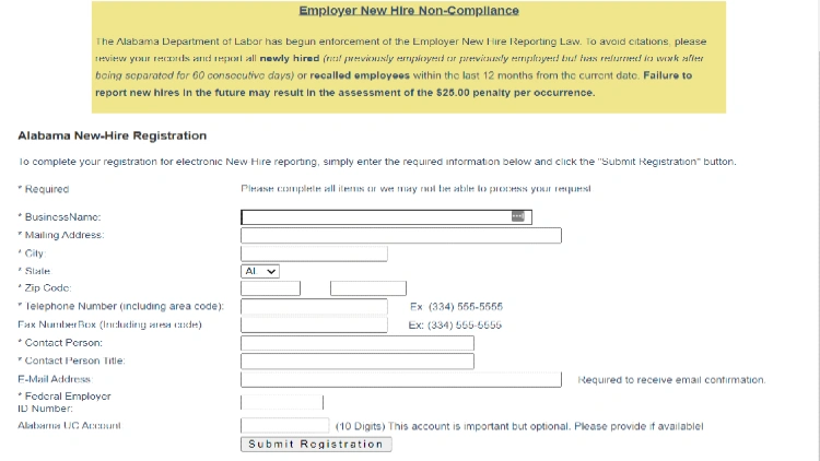 Alabama's New hire registration form that requires the persons name, address, phone number, SSN and more to be sure they can be found in case they have unpaid debt or owe child support. 