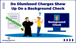 A dismissed charge docket is on the left with green words that say dismissed criminal charges and next to it is a judge in a black gown and a man with curly blonder hair who is wearing a yellow shirt, has a question mark above his head, shrugging, and a background check report next to him since he's wondering "Do dismissed charges show up on a background check?".