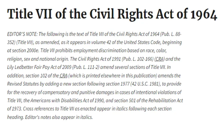 A screenshot of Title VII of the Civil Rights Act of 1964 and how it abolished discrimination for credit reporting agencies. 