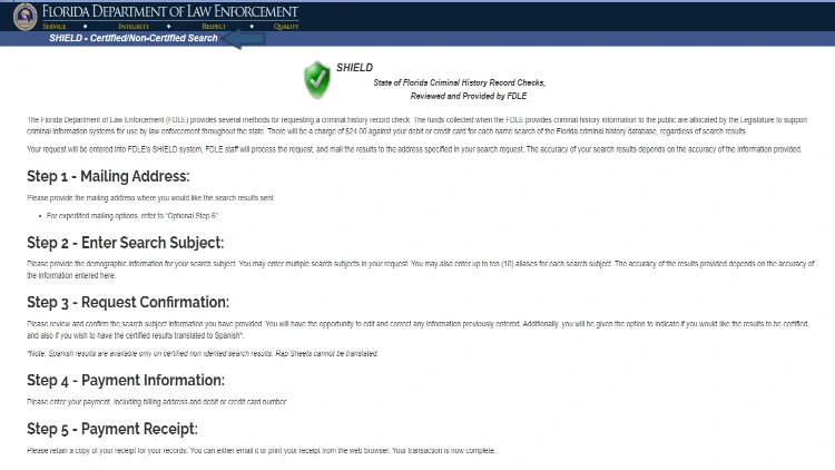 FDLE steps to request criminal history which involves sending a letter by main and paying a fee. 