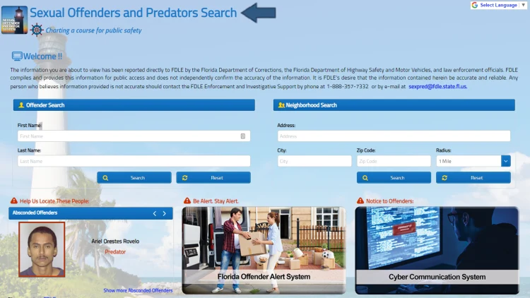 The FDLE Sexual Offender and Predator Search site showing people can be searched by first name, last name, address, city, and zip code. 