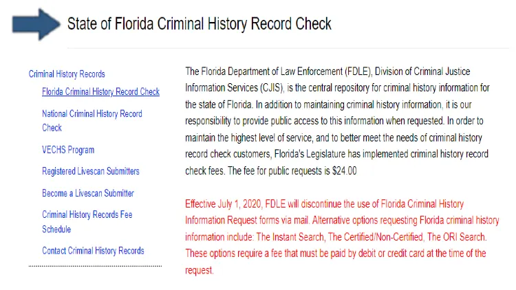 Details on the FDLE database showing it's the main criminal history record check in Florida and costs $24. 