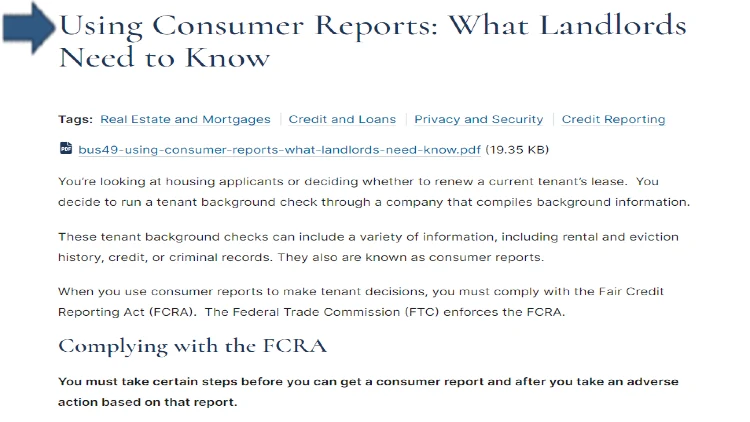 A screenshot showing that landlords can run consumer reports though certain companies, but they must be FCRA compliant.