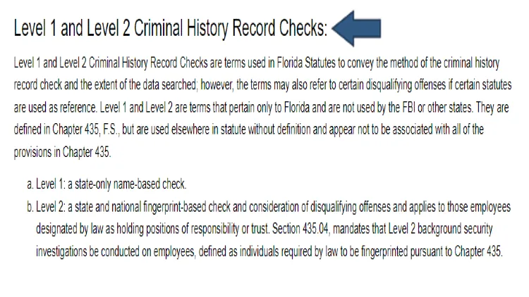 A comparison of level 1 and level 2 background checks per Florida statutes where level 1 is name based and level 2 is fingerprint based. 