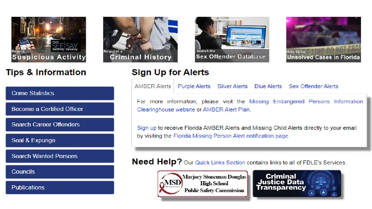 Screenshot of the FDLE site that allows criminal history to be searched and offers information on crime statistics, wanted people and career offends too. 