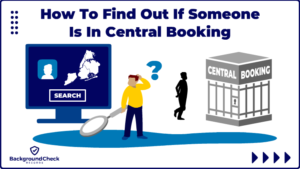 On the right a handcuffed silhouette is walking into a central booking jail cell and on the left a screen has New York's boroughs Bronx, Brooklyn, Manhattan, Queens and Staten Island outlines while a man in the center who is wearing a yellow shirt and blue jeans scratches his head while asking himself "How to find out if someone is in central booking?".