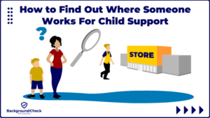 A kid in a yellow shirt and blue shorts is standing next to his mother who has a question mark above her head, a red t-shirt, and blue jeans on while show wonders how to find out where someone works for child support as she stares at a grocery store employee wearing a yellow vest who she believes may be the non-custodial parent.