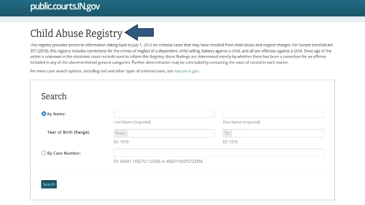 A screenshot of the IN Child Abuse Registry that shows people can be searched by case number, first name, last name, and by year of offense. 