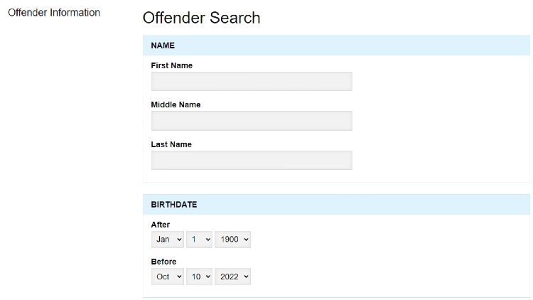 The DOC offender search form to find information on an offender who's in a state prison by their first name, last name, or birthdate. 
