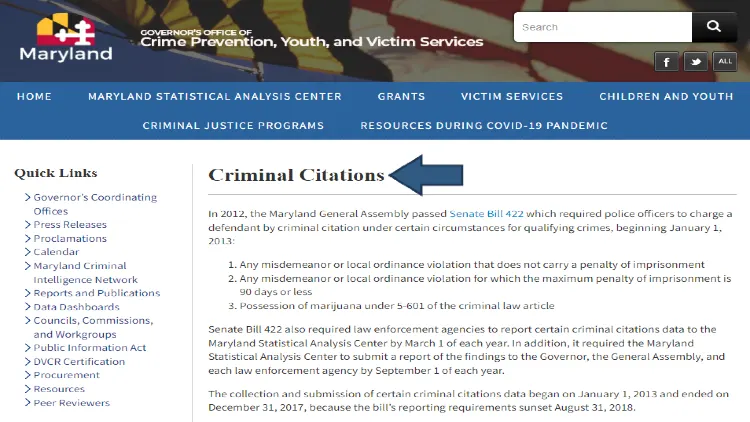 Screenshot showing criminal citations are filed by police officers for qualifying crimes depending on the state and jurisdiction. 