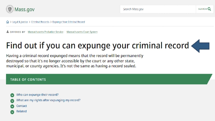 Screenshot showing Massachusetts citizens can determine if they're eligible for expungement, who to contact, and their rights. 