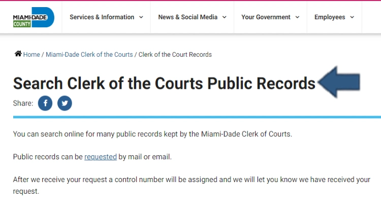 A screenshot showing the Clerk of Courts can be searched for public records in Miami-Dade county by requesting them via mail or email.