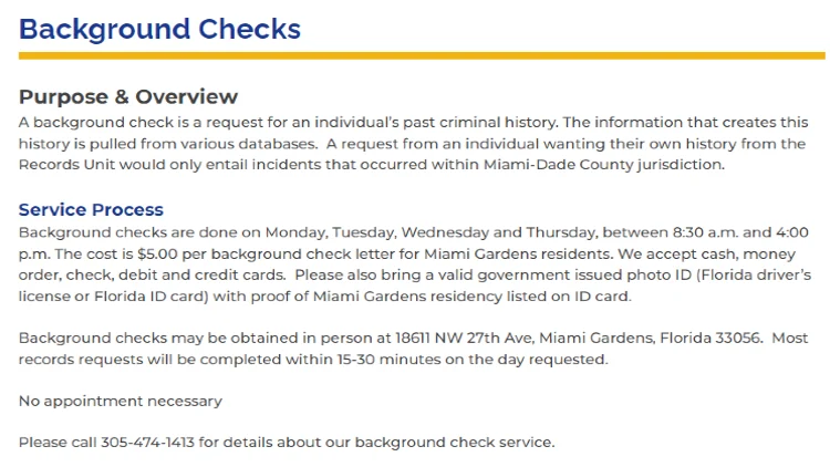 Miami-Dade county background check information that shows it's only five dollars and that no appointment is needed. 