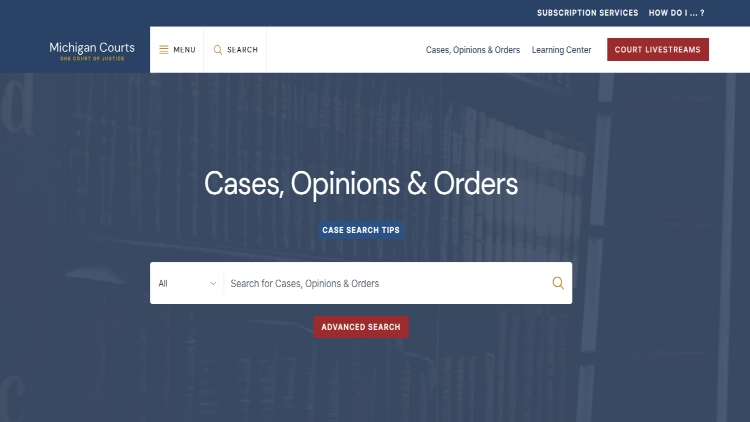 A screenshot of the Michigan Courts website showing that records can be searched by case, opinion, and orders. 