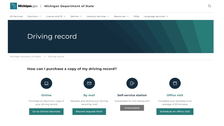 A screenshot shows copies of driving records can be obtained in office, through self service terminal, by mail or online. 