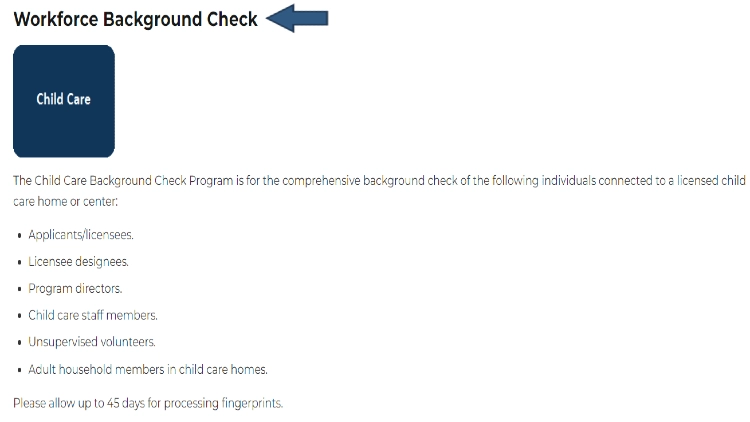 A screenshot showing that LARA workforce background checks can be used for licensing, child care, volunteers, adult care staff and directors of programs. 