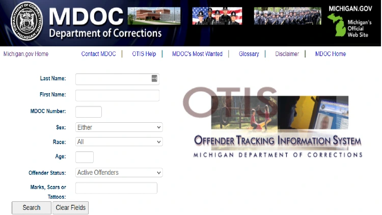 Michigan's Department of Corrections search tool to find state prisoners by name, MDOC number, sex, race, age, offender status and identifying marks such as birth marks, scars, and tattoos. 
