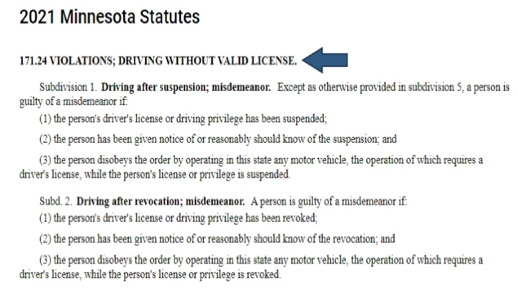 Screenshot revealing that driving whiteout a valid license will result in a suspension misdemeanor and if done again, it will be revoked. 