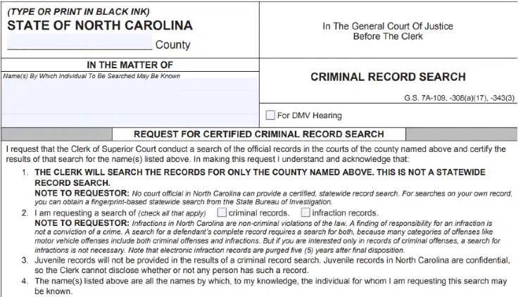 A screenshot of criminal records search on the state of North Carolina.