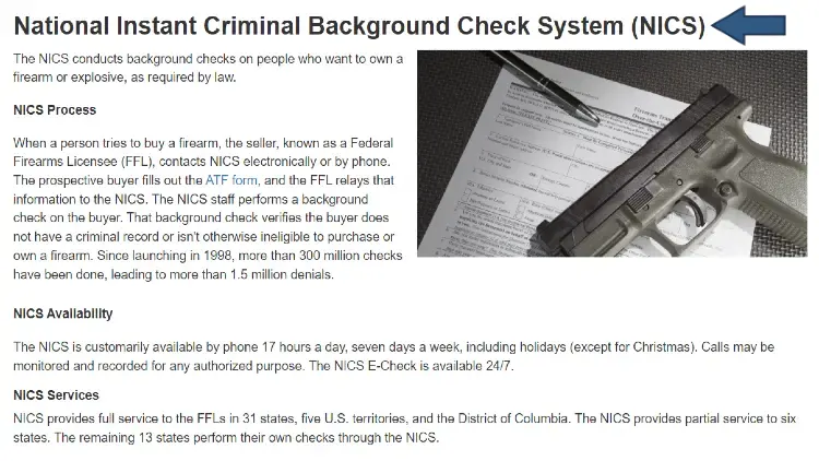 The NICS showing that a federals firearm license must be obtained through a federal background check to ensure the purchaser isn't a criminal. 