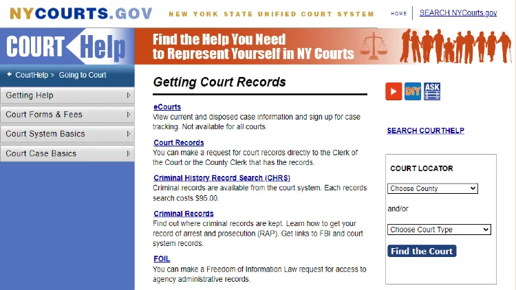 The NY Courts website showing that criminal records can be accessed through ecourts, in person, and through a criminal history record search. 