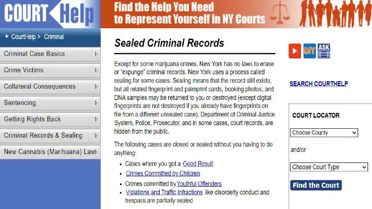 A screenshot of New York Courts website that explains criminal records can be sealed where the case still exists and they don't allow expungement of any cases except for certain cases. 