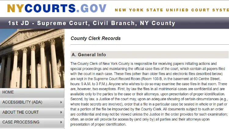 A screenshot of the NY courts county clerks website showing that they record all files and anyone can examine them unless they're sealed. 