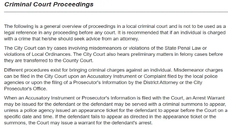 A screenshot of NY criminal court proceedings and its general overview of how the District Attorney may submit for criminal summons or drop the charge depending on the situation.