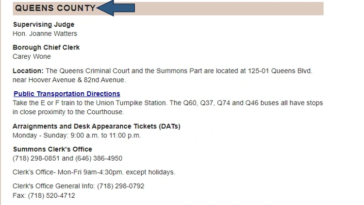 Queens county arraignment information such as office hours, contact information, locations, the supervising judge, chief of clerk, and phone numbers. 