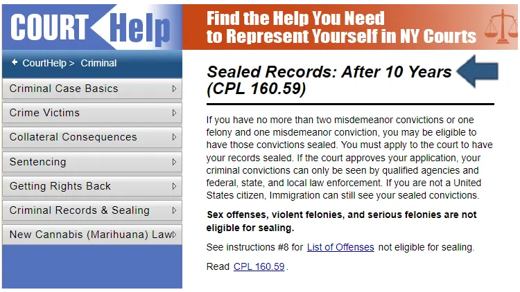 A screenshot showing that some felonies can be sealed after 10 years in the state of NY.