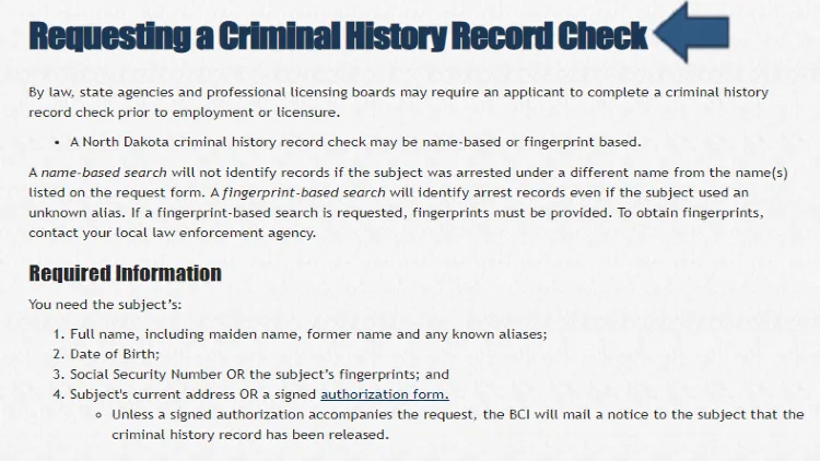 Screenshot of ND criminal history record check required information such as name, date of birth, SSN, address and differences between name based search and fingerprint based search. 