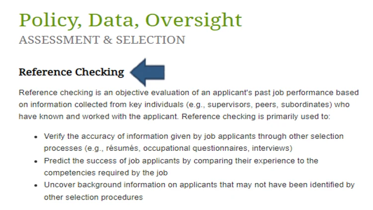 Screenshot showing that reference checking allows for proper evaluation and is used to verify accuracy of info, predict job success, and uncover information. 