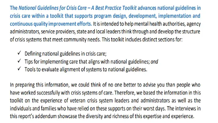 A screenshot showing the intro to the National Guidelines for Behavioral Health Crisis Care Toolkit. 