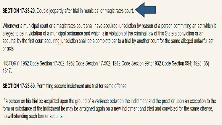 A screenshot of blue arrow pointing to SC statute saying double jeopardy is when a person has to complete their trial by another court for the same alleged crime. 