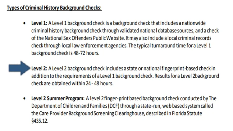 Screenshot explaining level 2 background checks are finger print based, done by the Department of Children and Families, put through a system names Care Provider Background Screening Clearinghouse and include everything a level 1 does and more. 