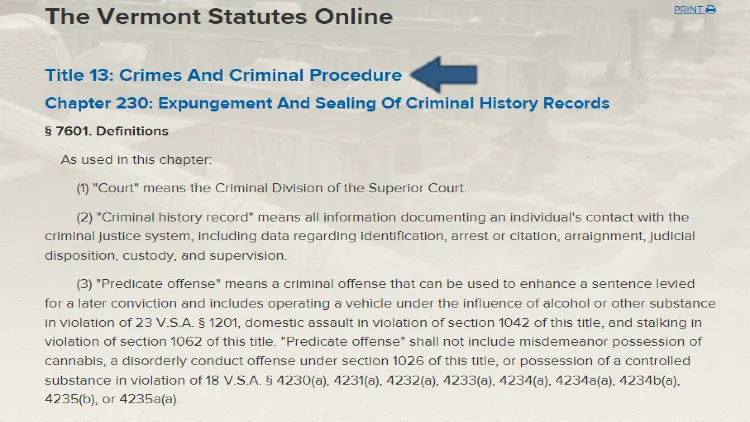 Screenshot of Chapter 230 of Title 13 that shows criminal history records are classified by the severity of crimes. 