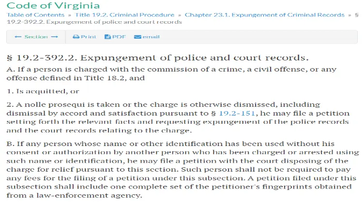 Code of Virginia 19.2-392.2 showing petitions can be filed for expungement of police or court records although fingerprints and a fee are required. 