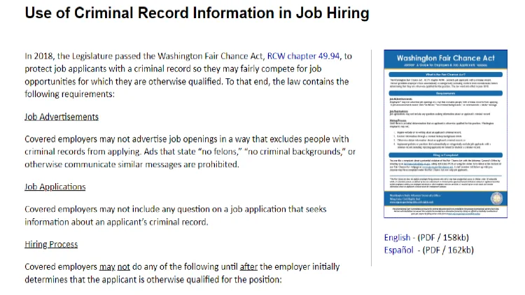 A screenshot of criminal record information in job hiring in Washing state under the Washington Fair Chance Act to be sure there's minimal discrimination surrounding people with a criminal history. 
